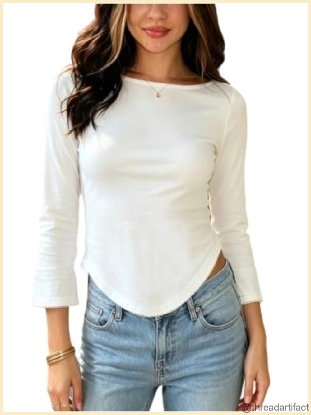 Women's 3/4 Sleeve Crop Top Boat Neck Slim Fit Y2k Layering Blouse